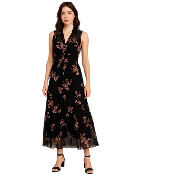 Who What Wear Black Pink Dark Cottagecore Feminine Ruffled Tiered Maxi Dress -M - Picture 1 of 12